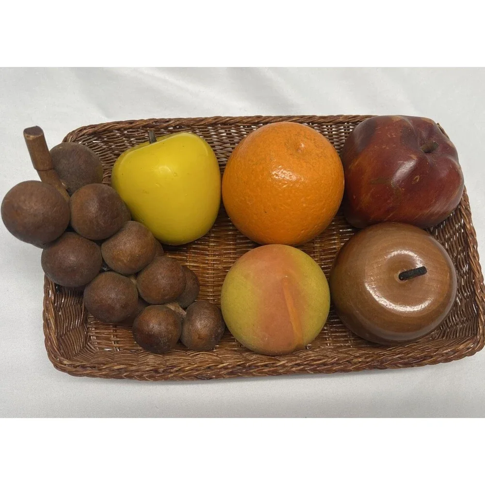 Vintage Retro MCM Solid Wood Lot Colored Fruit Hand Carved 6 Pieces + Basket
